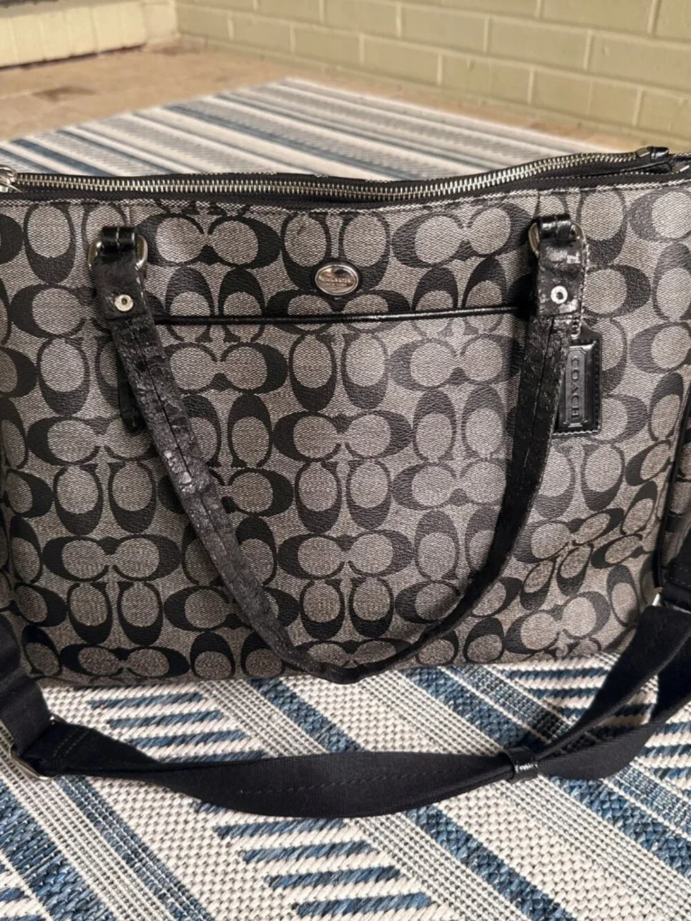 Coach Signature Diaper Tote Bag Black Gray Jacquard Canvas Baby Bag F25741